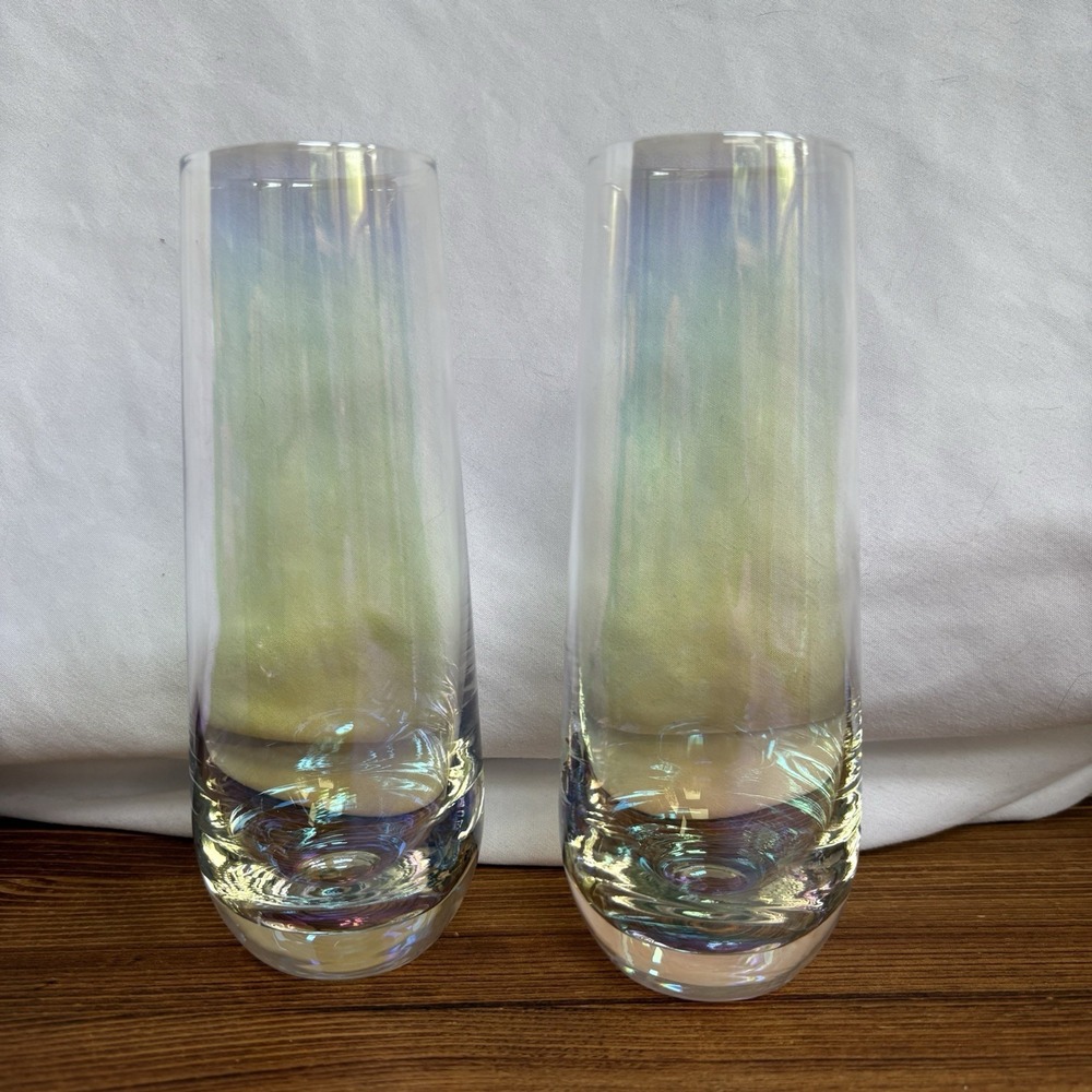 Pair‎ Iridescent Stemless Champagne Flutes Rainbow Luster Toasting Glasses
